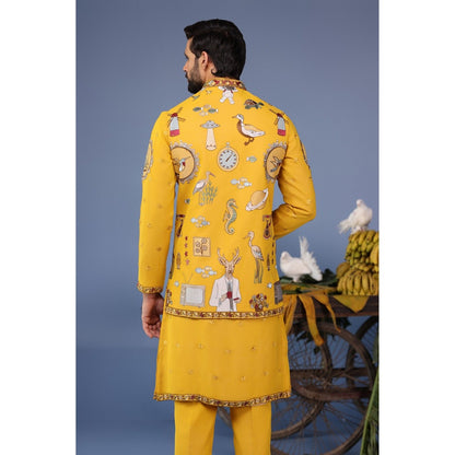 KALPRAAG Yellow Viscose Embroidered Kurta Jacket Set