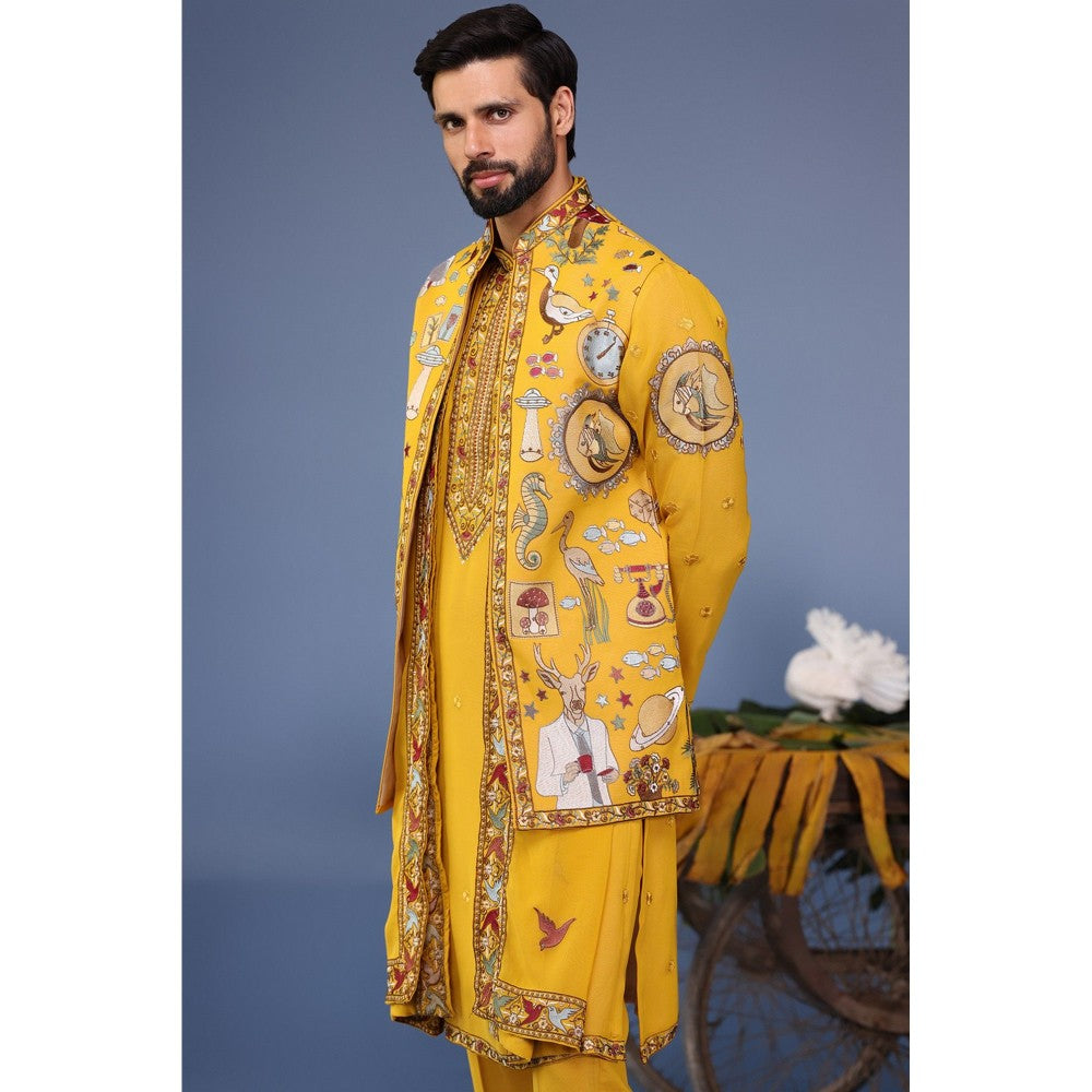KALPRAAG Yellow Viscose Embroidered Kurta Jacket Set