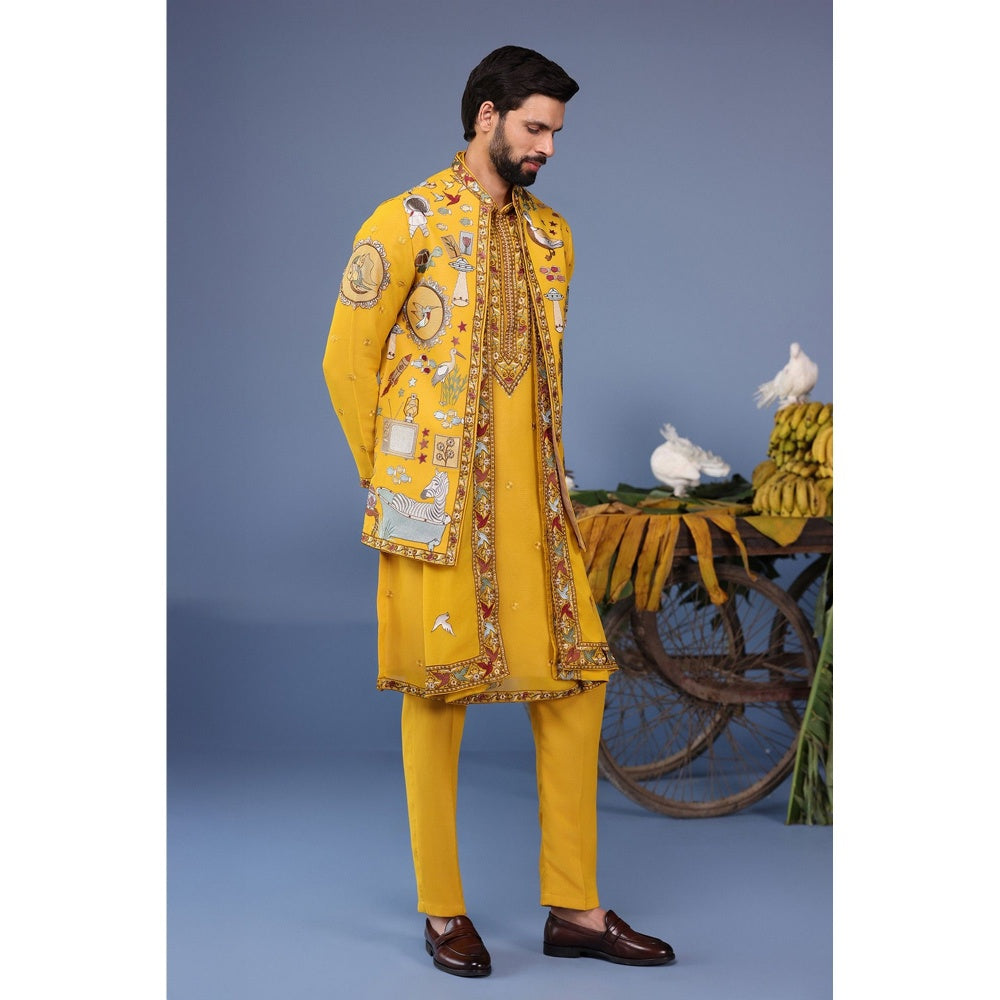 KALPRAAG Yellow Viscose Embroidered Kurta Jacket Set
