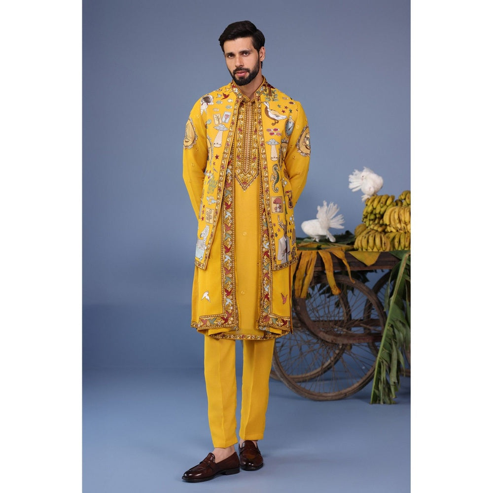 KALPRAAG Yellow Viscose Embroidered Kurta Jacket Set