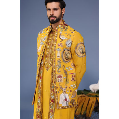 KALPRAAG Yellow Viscose Embroidered Kurta Jacket Set