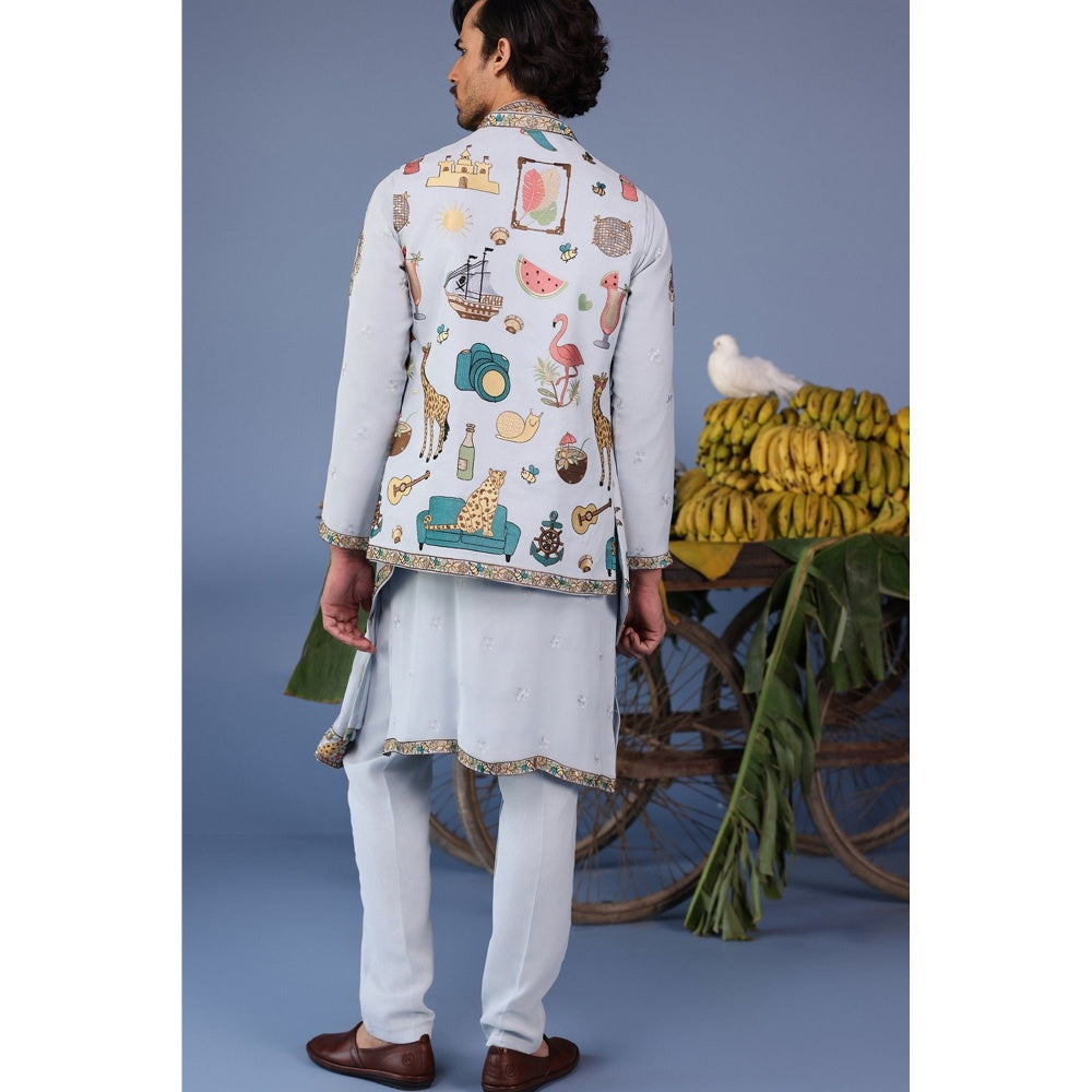 KALPRAAG Blue Viscose Embroidered Kurta Jacket Set