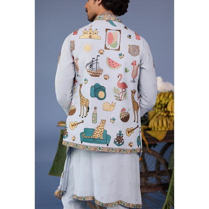 KALPRAAG Blue Viscose Embroidered Kurta Jacket Set