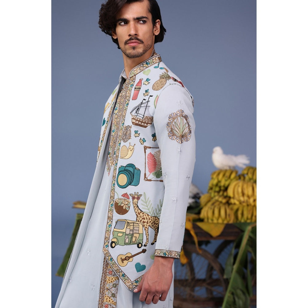 KALPRAAG Blue Viscose Embroidered Kurta Jacket Set