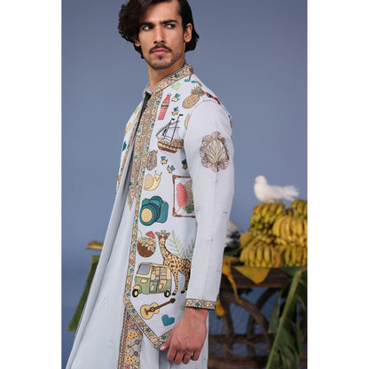 KALPRAAG Blue Viscose Embroidered Kurta Jacket Set