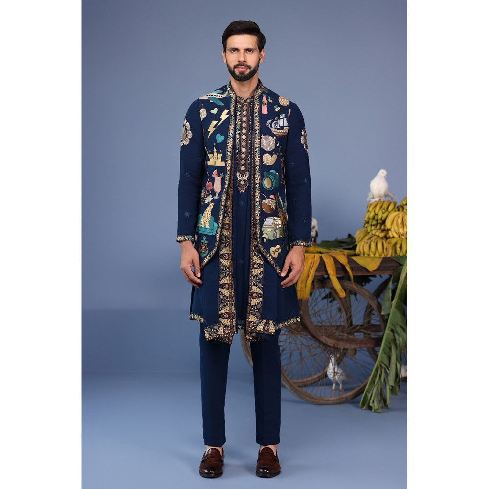 KALPRAAG Navy Blue Viscose Embroidered Kurta Jacket Set