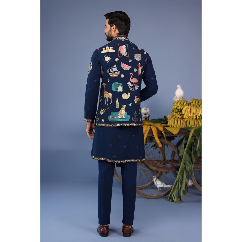 KALPRAAG Navy Blue Viscose Embroidered Kurta Jacket Set