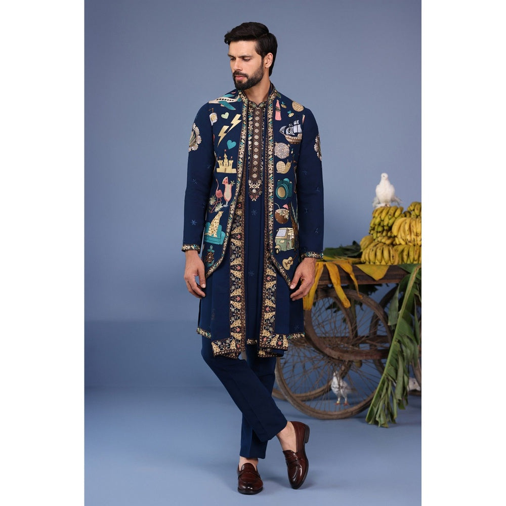 KALPRAAG Navy Blue Viscose Embroidered Kurta Jacket Set