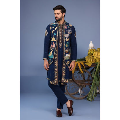 KALPRAAG Navy Blue Viscose Embroidered Kurta Jacket Set