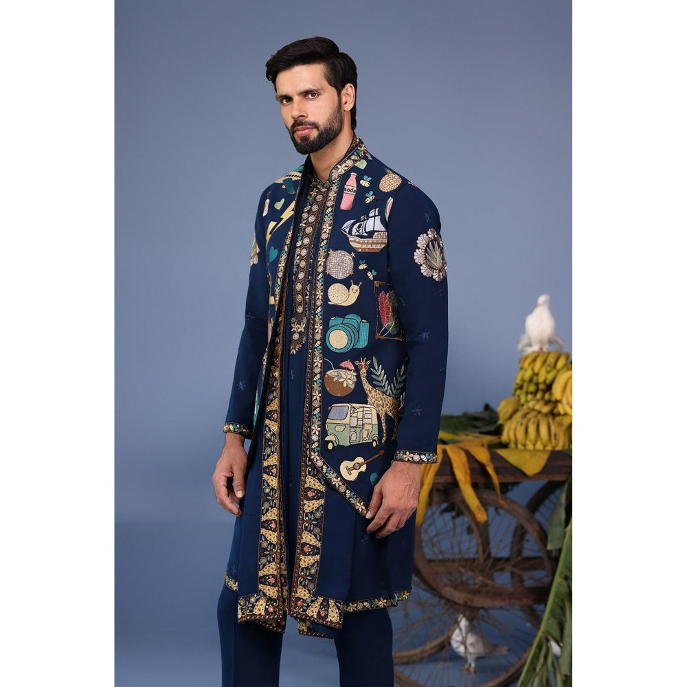 KALPRAAG Navy Blue Viscose Embroidered Kurta Jacket Set