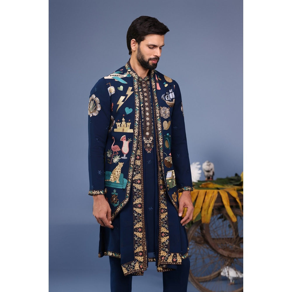 KALPRAAG Navy Blue Viscose Embroidered Kurta Jacket Set