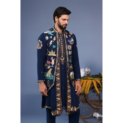 KALPRAAG Navy Blue Viscose Embroidered Kurta Jacket Set
