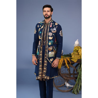 KALPRAAG Navy Blue Viscose Embroidered Kurta Jacket Set