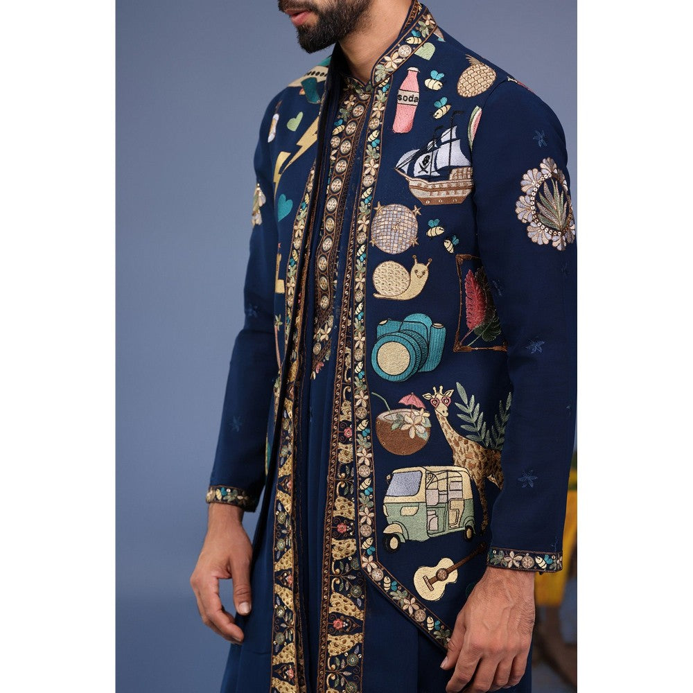 KALPRAAG Navy Blue Viscose Embroidered Kurta Jacket Set