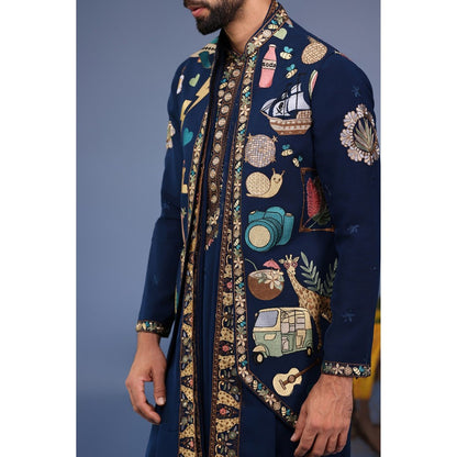 KALPRAAG Navy Blue Viscose Embroidered Kurta Jacket Set