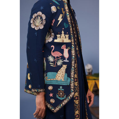 KALPRAAG Navy Blue Viscose Embroidered Kurta Jacket Set