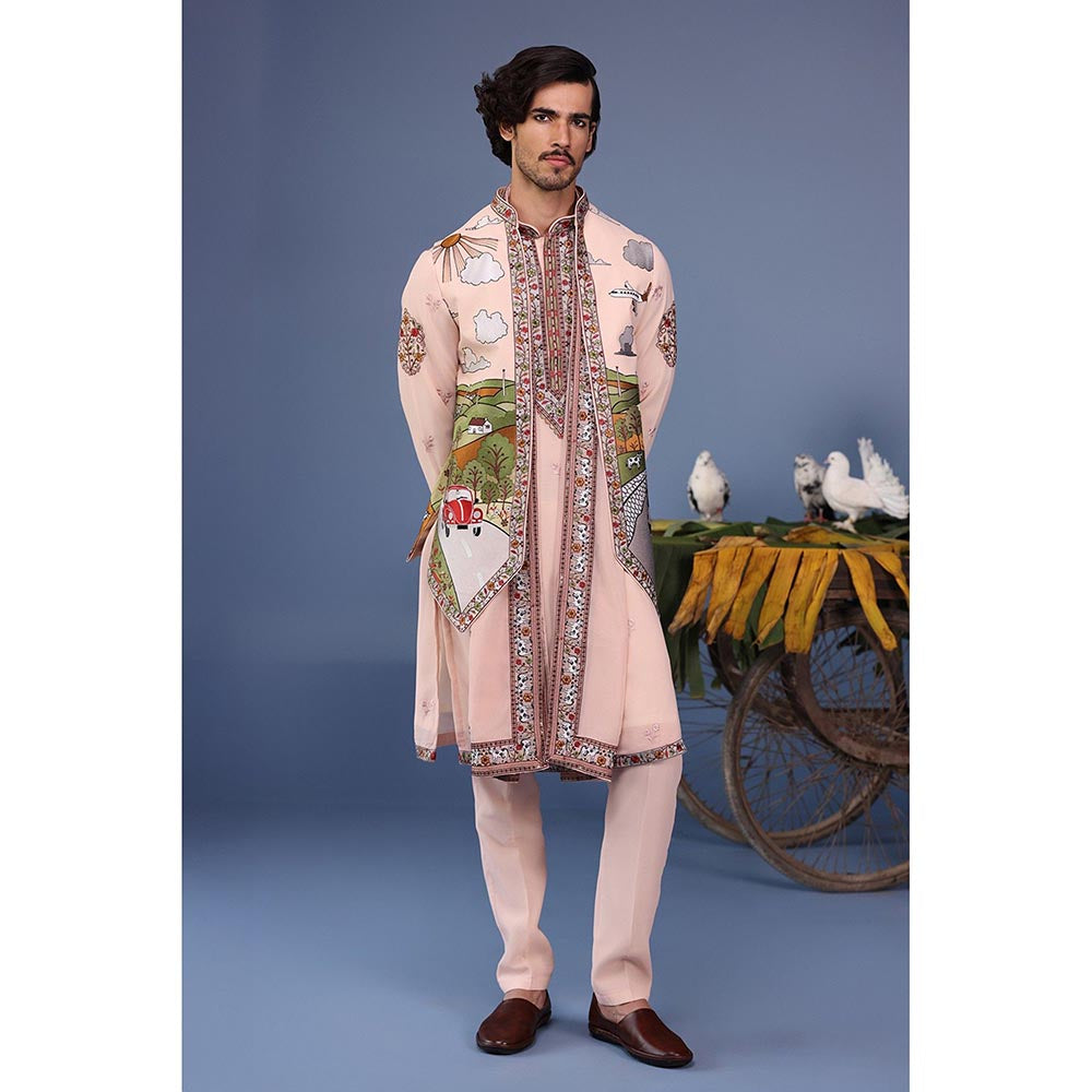 KALPRAAG Pink Viscose Embroidered Kurta Jacket Set