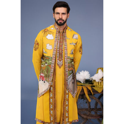 KALPRAAG Yellow Viscose Embroidered Kurta Jacket Set