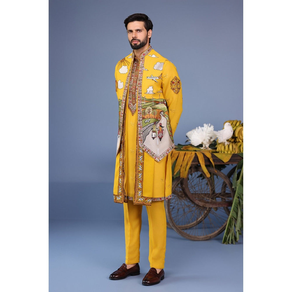 KALPRAAG Yellow Viscose Embroidered Kurta Jacket Set