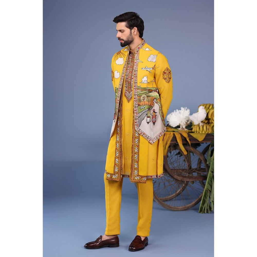 KALPRAAG Yellow Viscose Embroidered Kurta Jacket Set