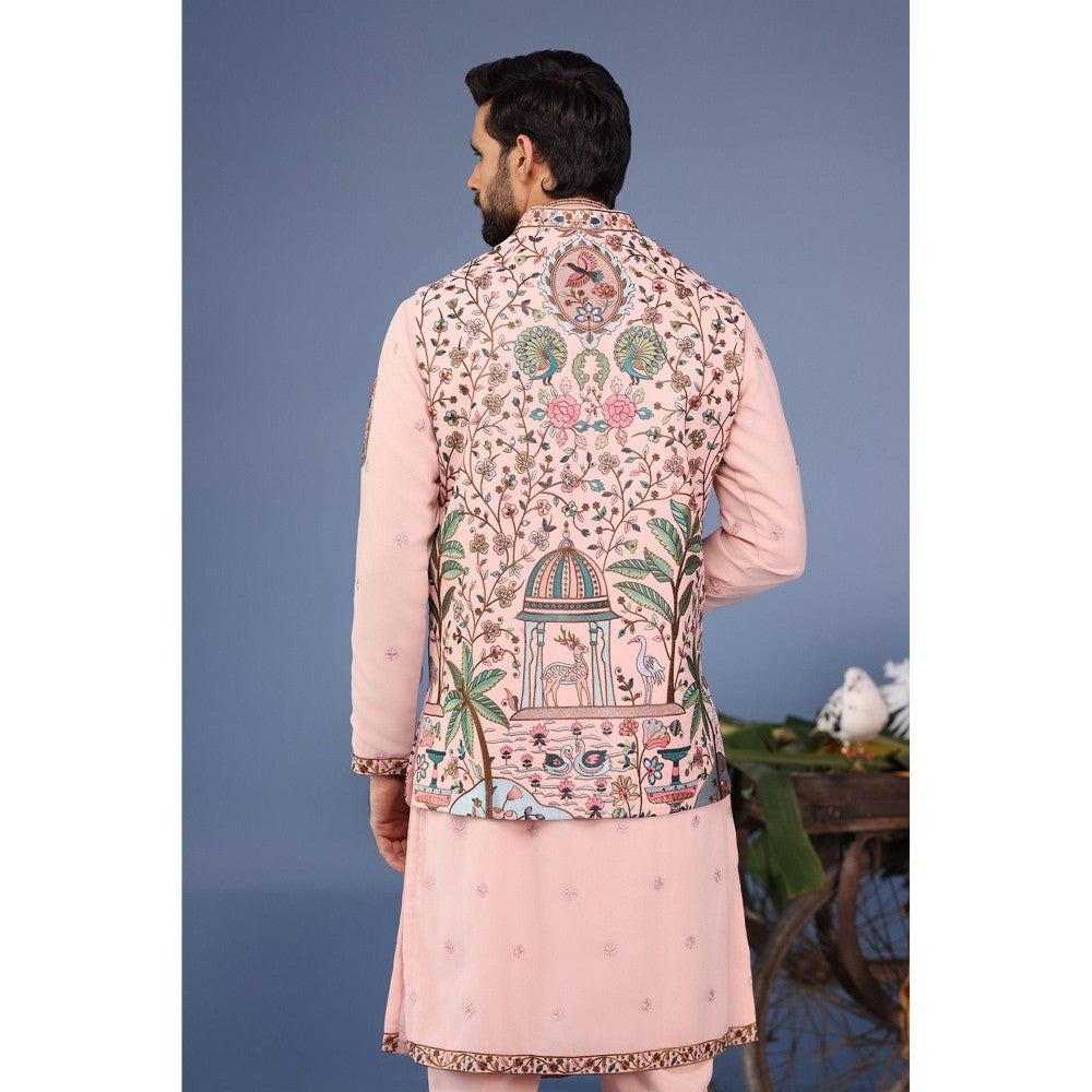 KALPRAAG Pink Viscose Embroidered Kurta Jacket Set
