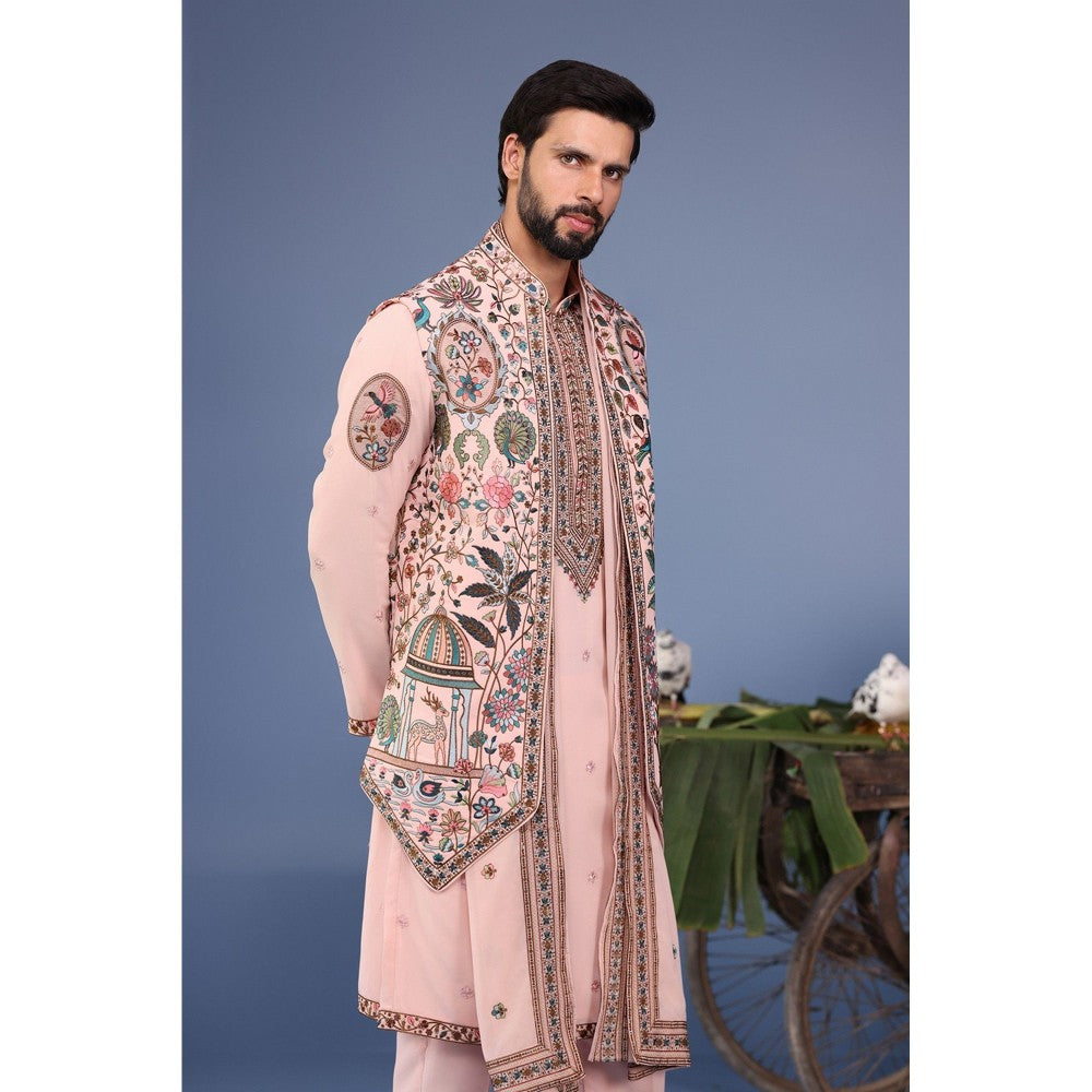KALPRAAG Pink Viscose Embroidered Kurta Jacket Set
