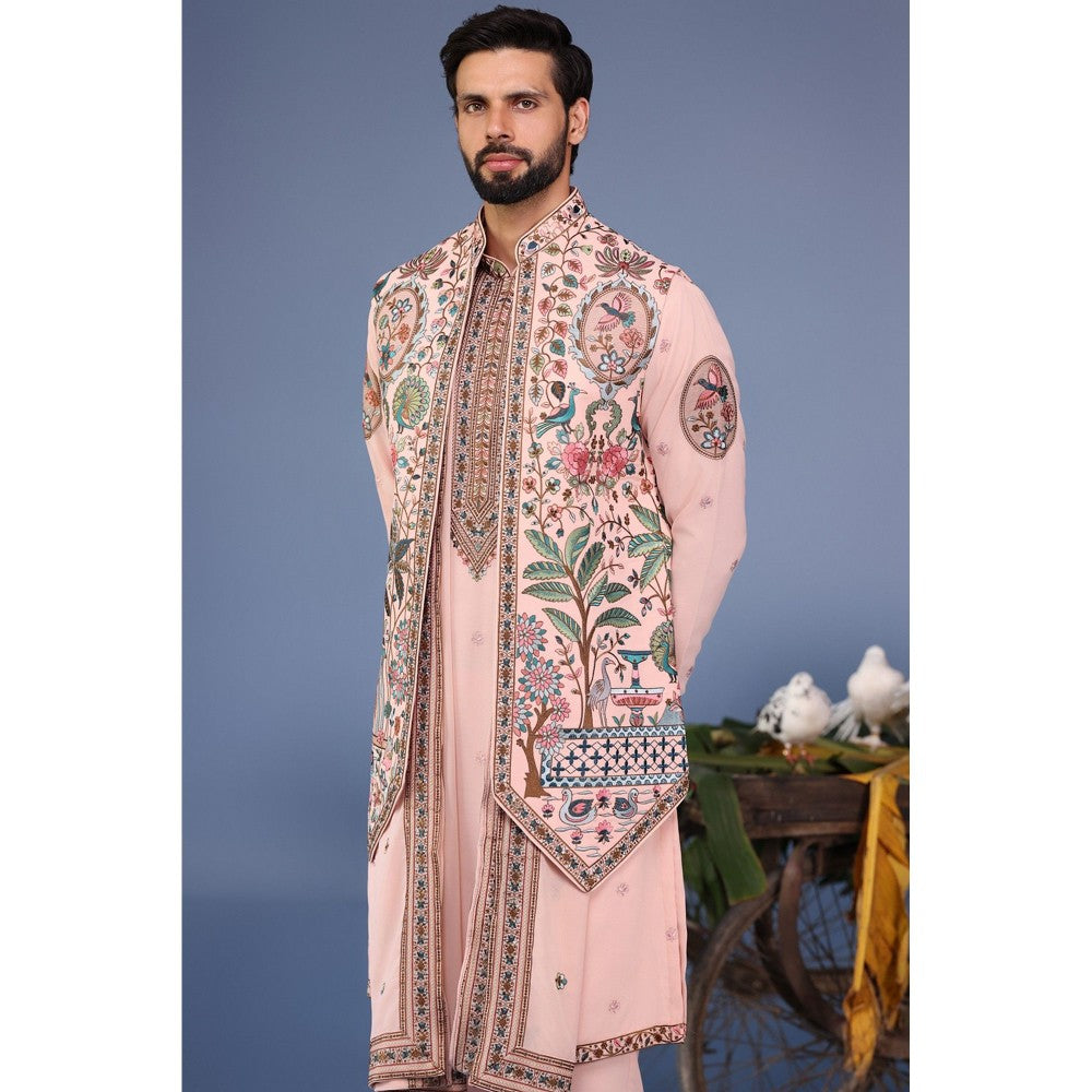 KALPRAAG Pink Viscose Embroidered Kurta Jacket Set