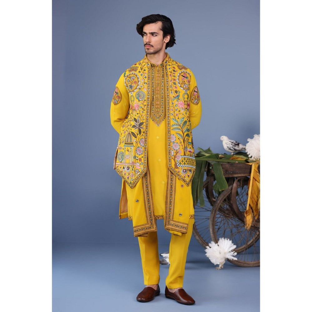 KALPRAAG Yellow Viscose Embroidered Kurta Jacket Set