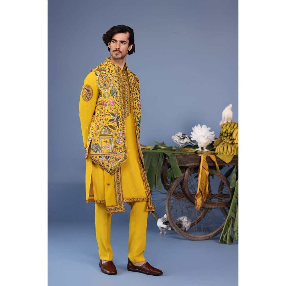 KALPRAAG Yellow Viscose Embroidered Kurta Jacket Set