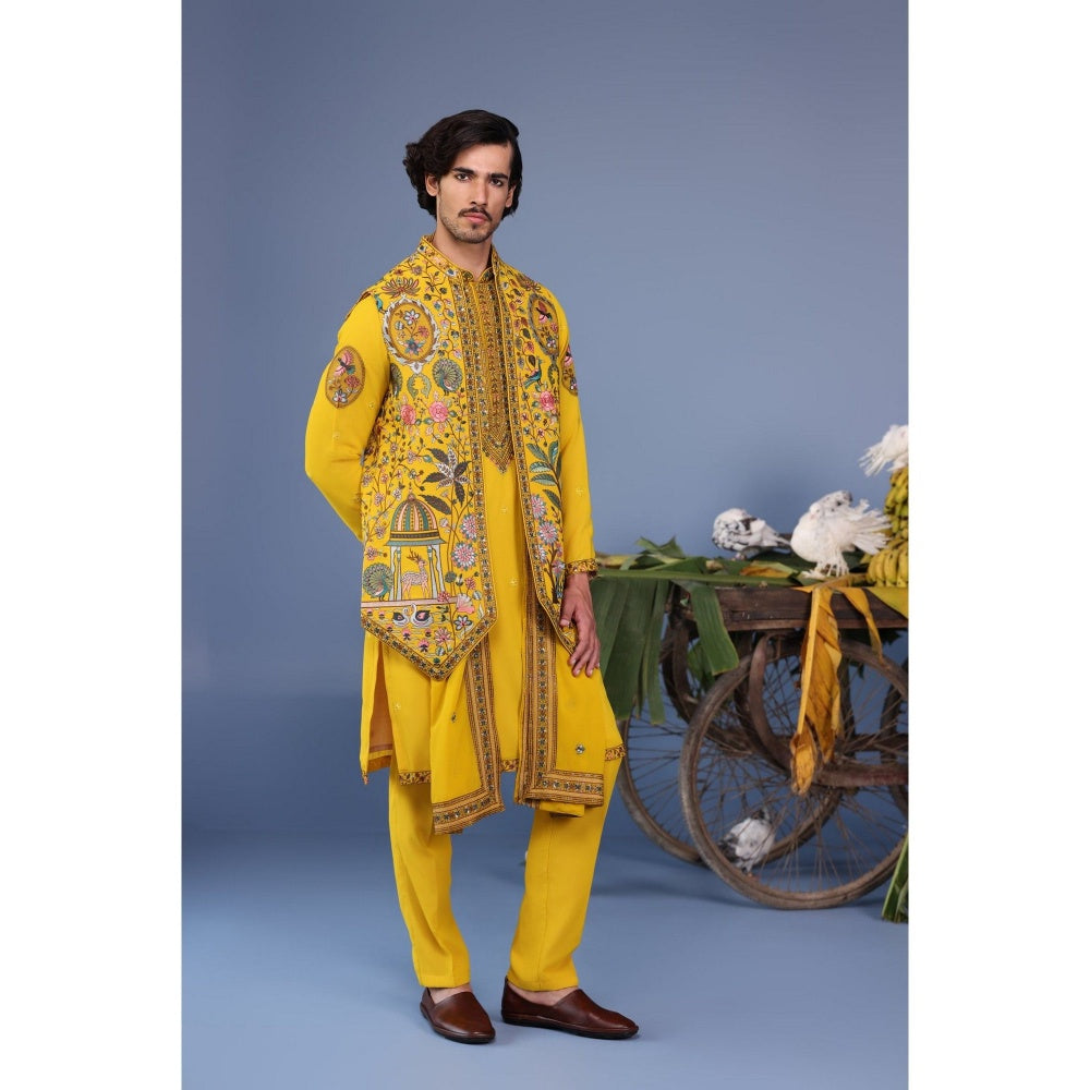KALPRAAG Yellow Viscose Embroidered Kurta Jacket Set