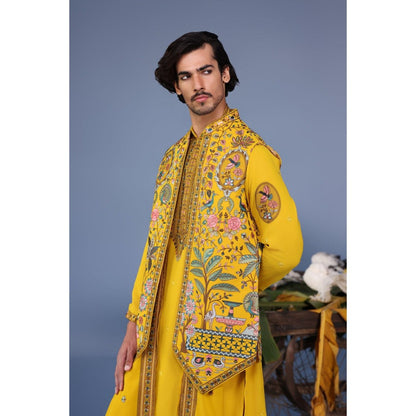 KALPRAAG Yellow Viscose Embroidered Kurta Jacket Set