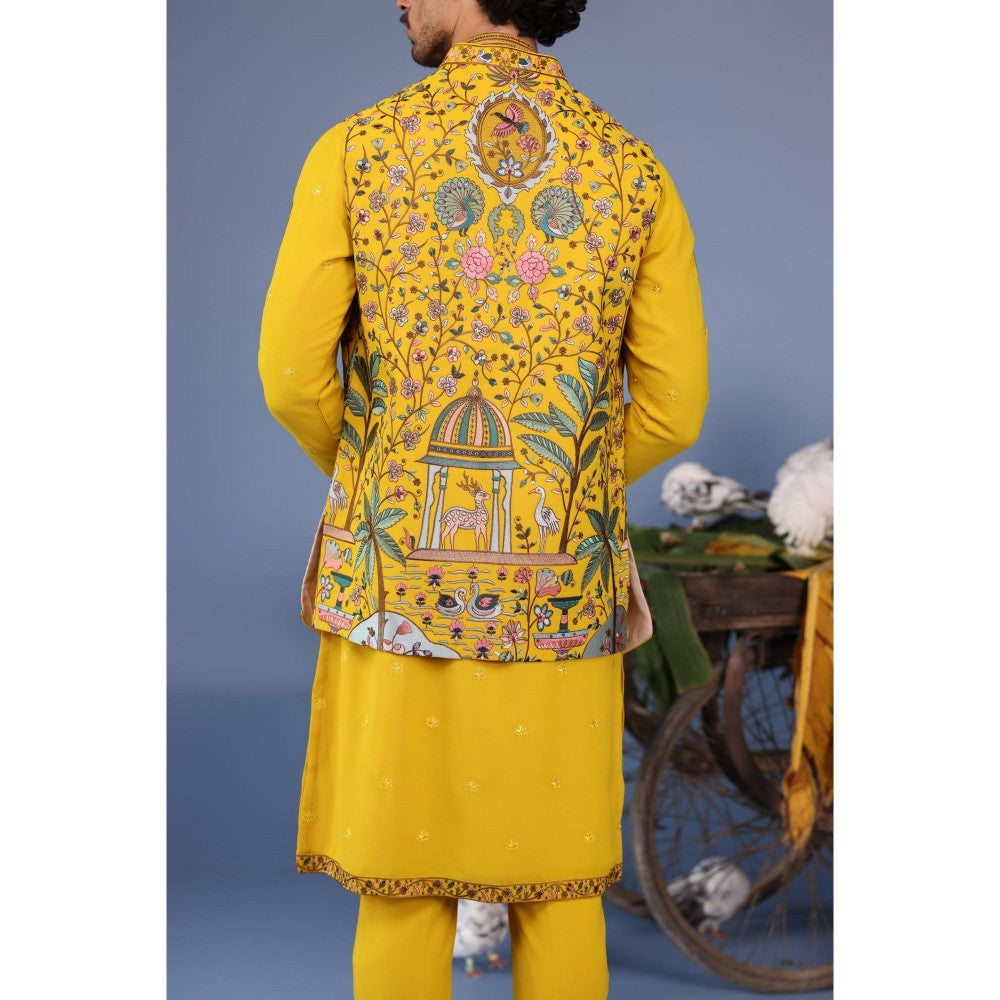 KALPRAAG Yellow Viscose Embroidered Kurta Jacket Set