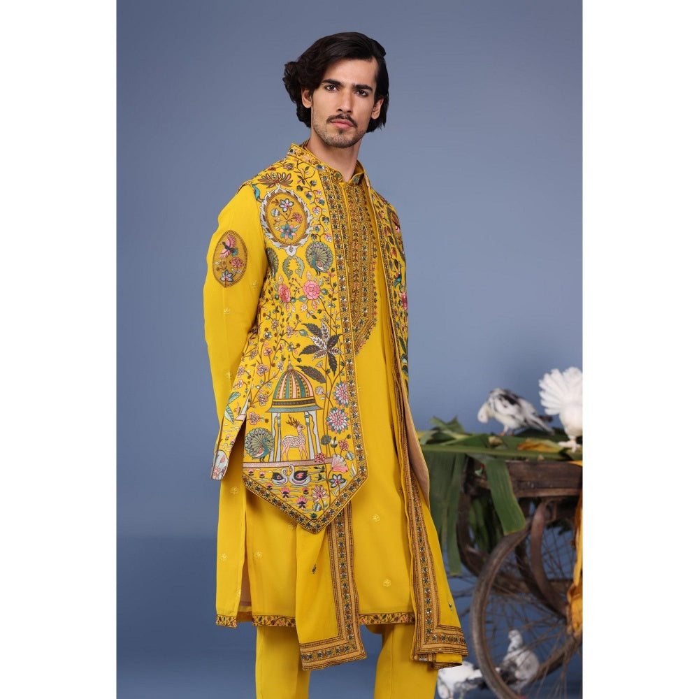 KALPRAAG Yellow Viscose Embroidered Kurta Jacket Set