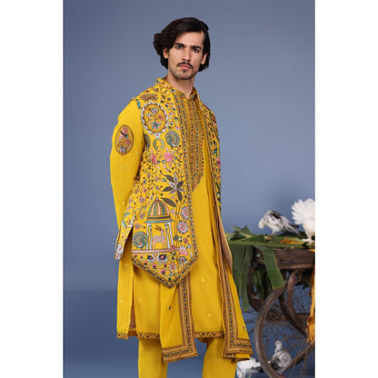 KALPRAAG Yellow Viscose Embroidered Kurta Jacket Set