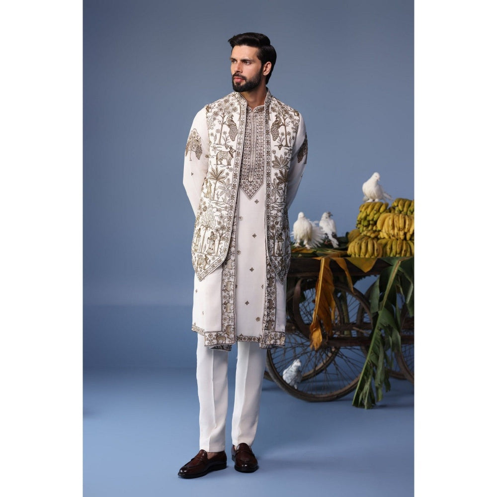 KALPRAAG Ivory Viscose Embroidered Kurta Jacket Set
