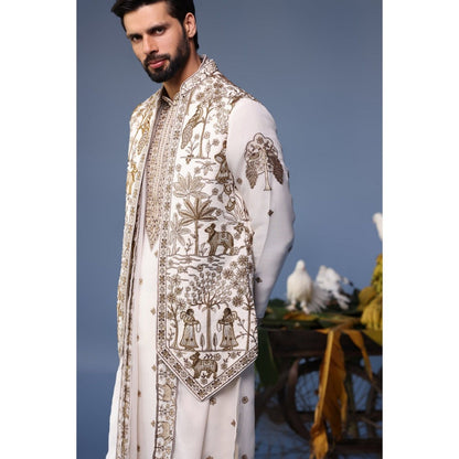 KALPRAAG Ivory Viscose Embroidered Kurta Jacket Set