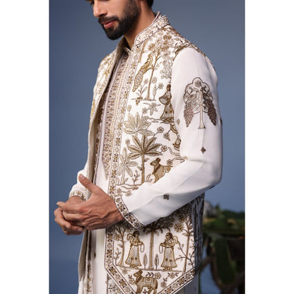 KALPRAAG Ivory Viscose Embroidered Kurta Jacket Set