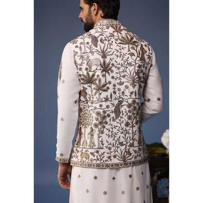 KALPRAAG Ivory Viscose Embroidered Kurta Jacket Set