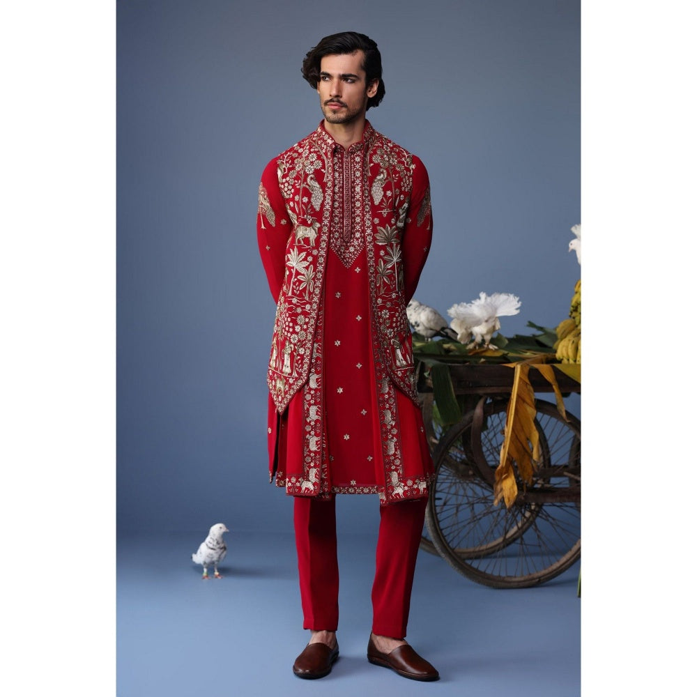 KALPRAAG Red Viscose Embroidered Kurta Jacket Set