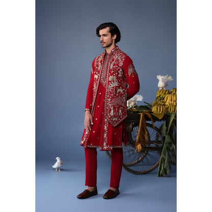 KALPRAAG Red Viscose Embroidered Kurta Jacket Set
