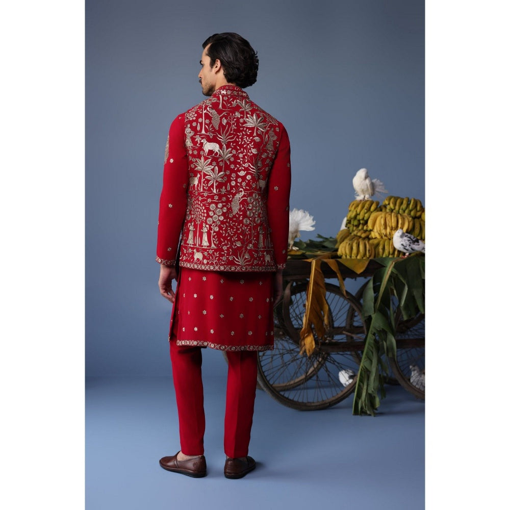 KALPRAAG Red Viscose Embroidered Kurta Jacket Set