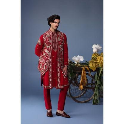 KALPRAAG Red Viscose Embroidered Kurta Jacket Set