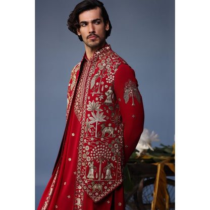 KALPRAAG Red Viscose Embroidered Kurta Jacket Set