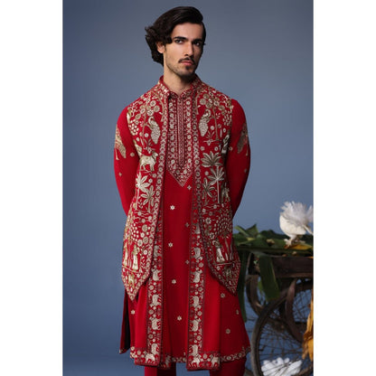 KALPRAAG Red Viscose Embroidered Kurta Jacket Set