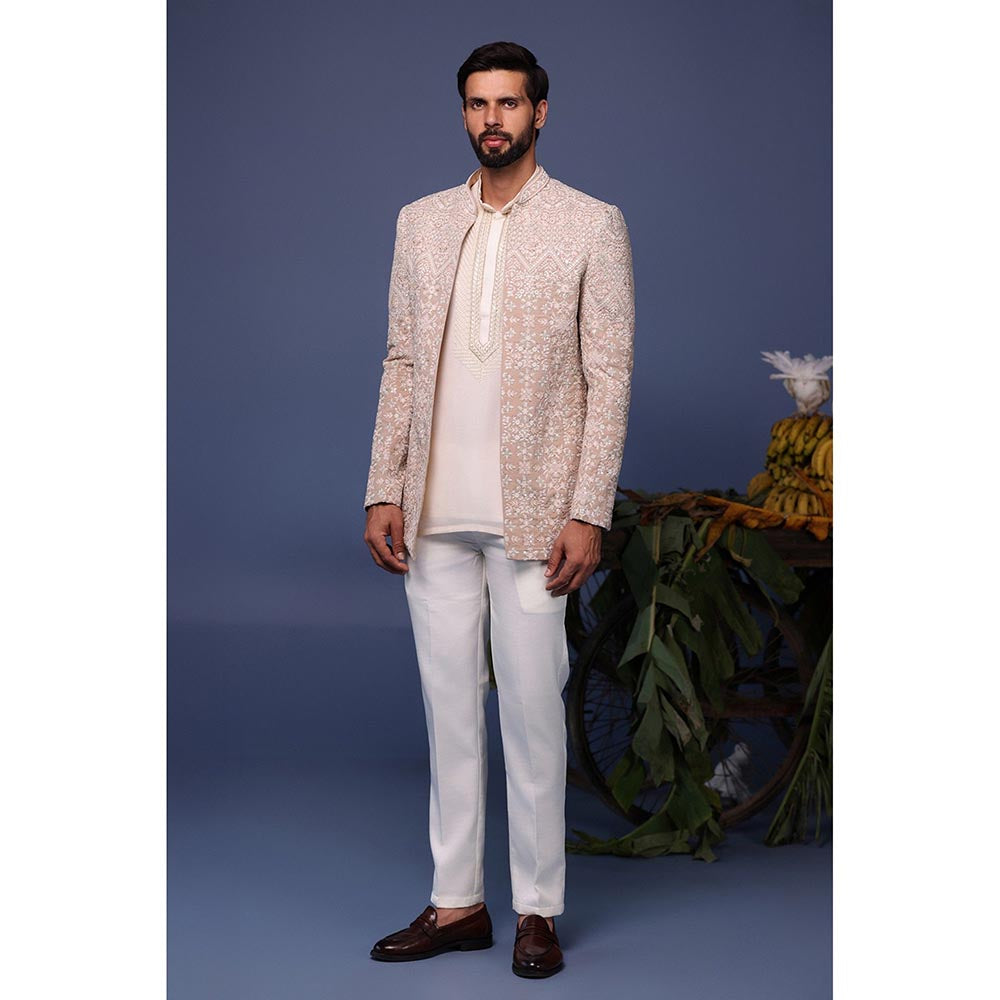 KALPRAAG Ivory Viscose Embroidered Kurta with Jacket and Trouser