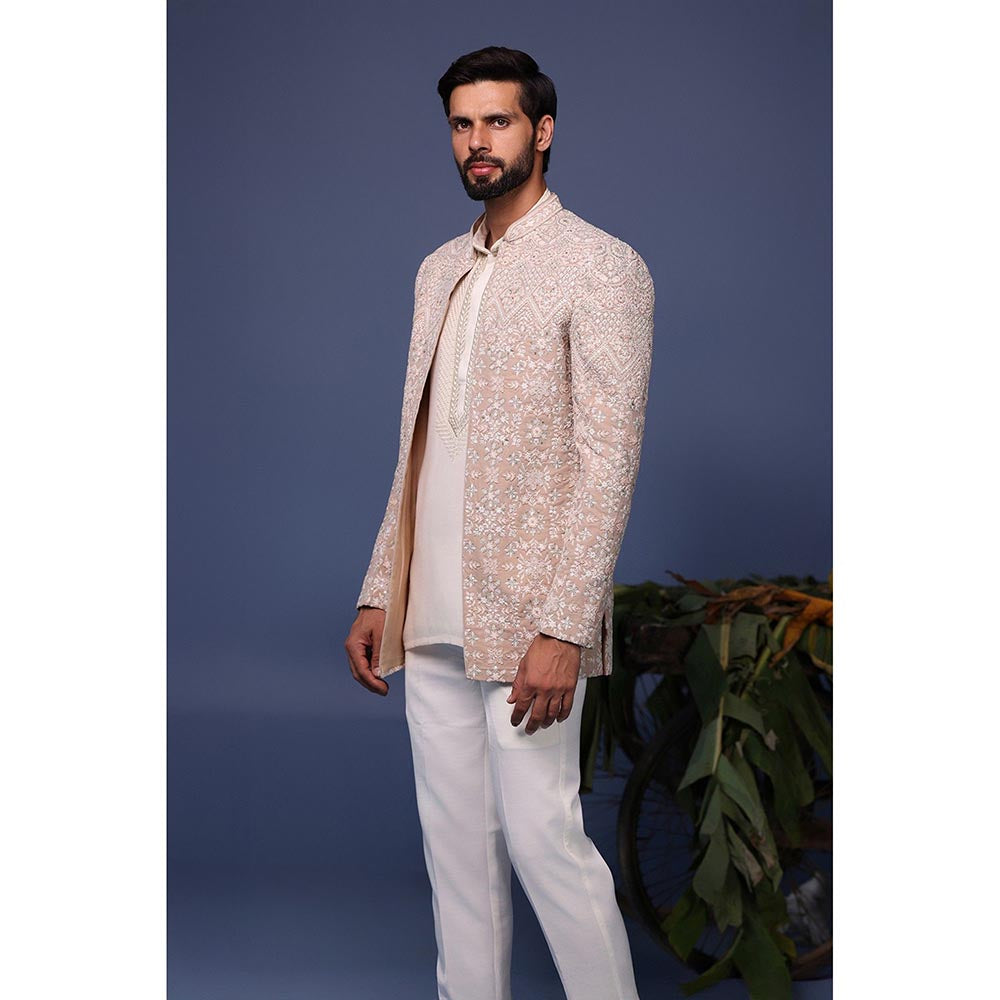 KALPRAAG Ivory Viscose Embroidered Kurta with Jacket and Trouser