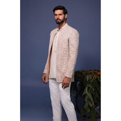 KALPRAAG Ivory Viscose Embroidered Kurta with Jacket and Trouser