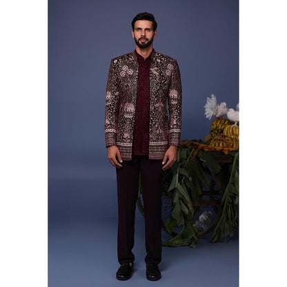 KALPRAAG Wine Velvet Embroidered Kurta with Jacket and Trouser