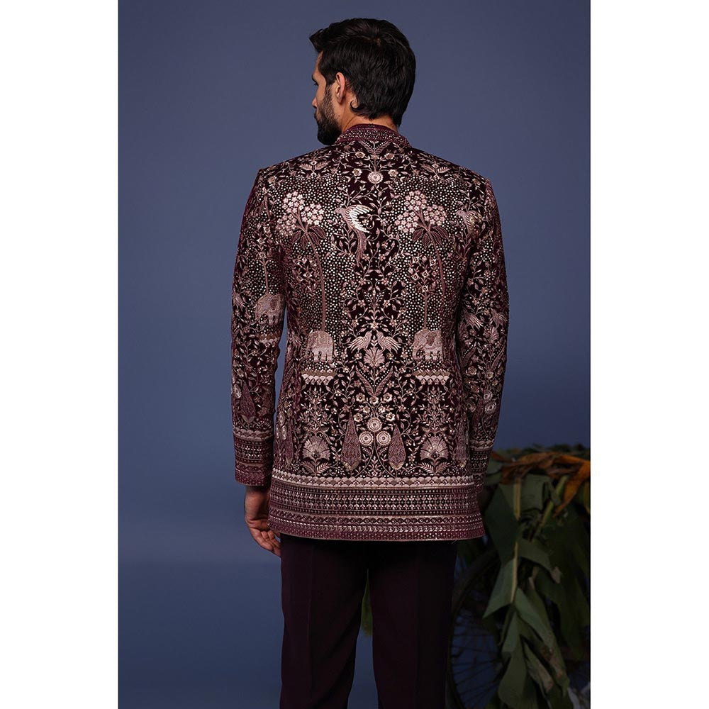 KALPRAAG Wine Velvet Embroidered Kurta with Jacket and Trouser