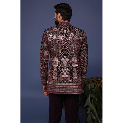KALPRAAG Wine Velvet Embroidered Kurta with Jacket and Trouser